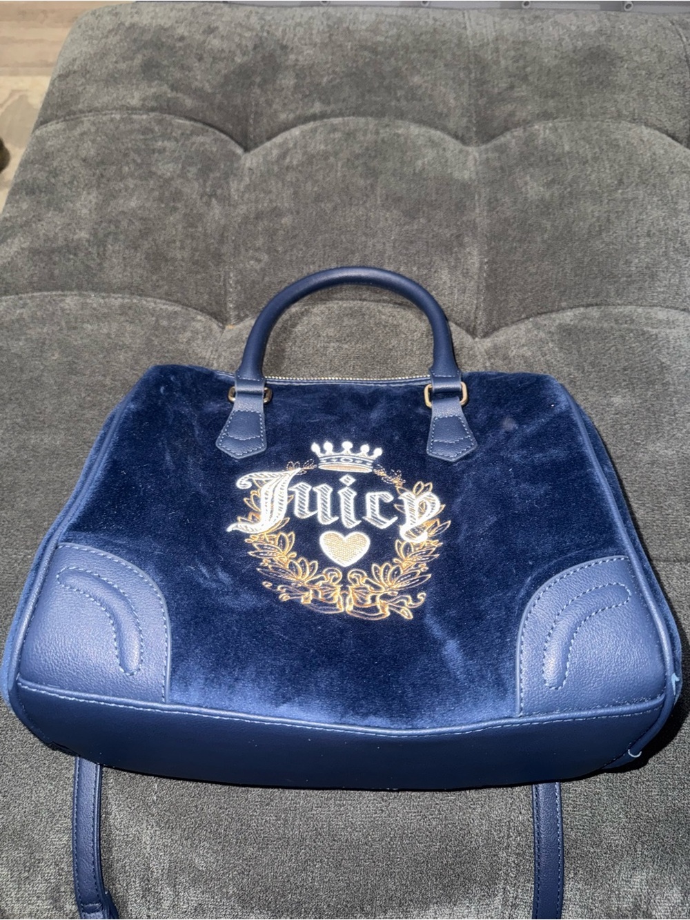 Juicy Couture Navy Velvet and Leather Top-Handle Satchel with Gold Crest